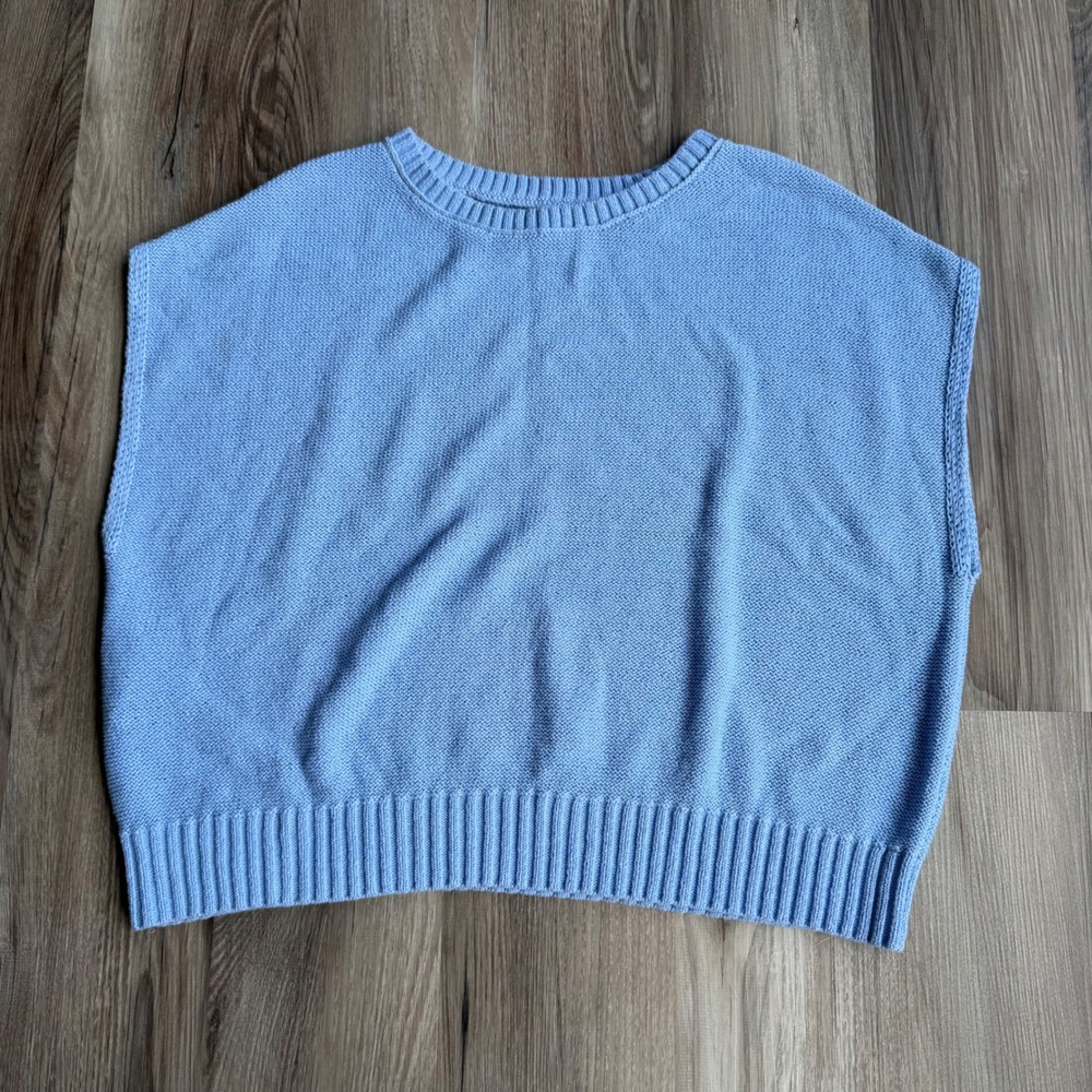 LOFT Light Blue Cotton Blend Crew Neck Sleeveless Sweater Vest‎ Crochet Knit XL
